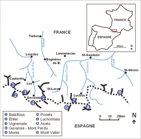 Fig. 1 – Plan de localisation des massifs glaciaires pyrénéens